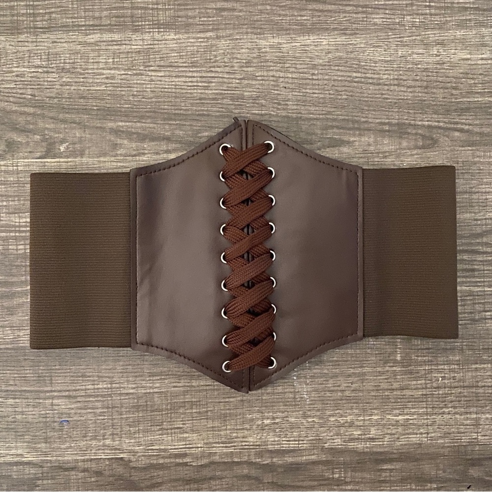 Brown Elastic corset belt with Velcro back. New in original bag.